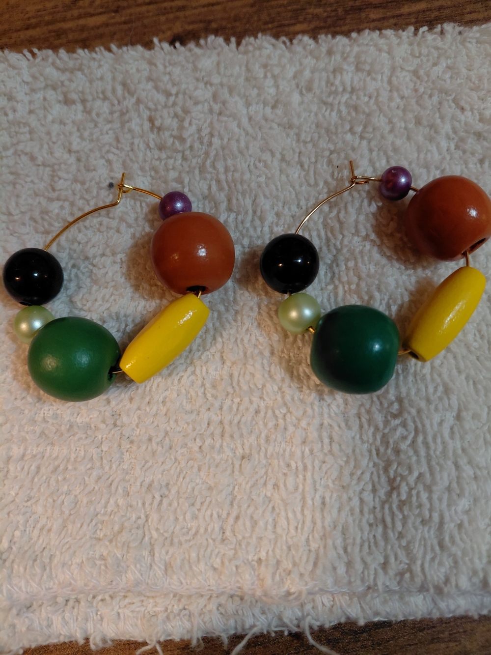 Multicolor Beaded Hoop Earrings - Green, Yellow, Brown